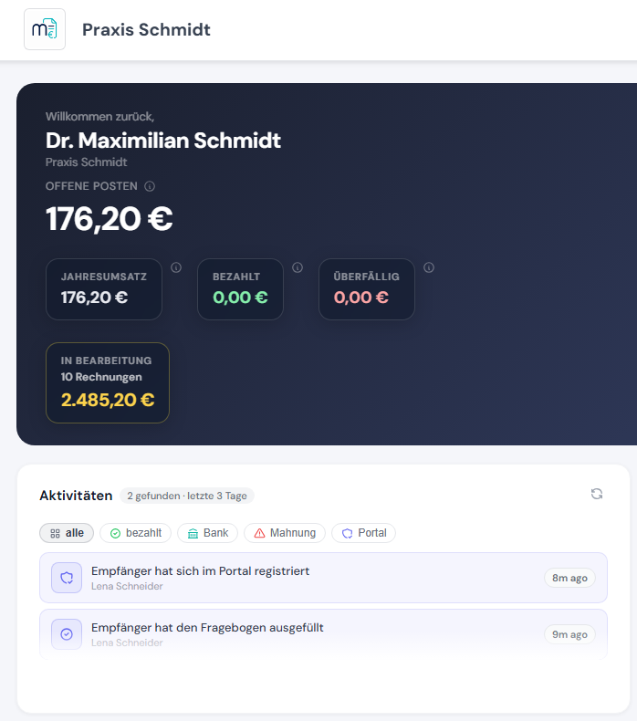 Medinvoice® GOÄ-Abrechnung Dashboard – Rechnungsübersicht einer Arztpraxis