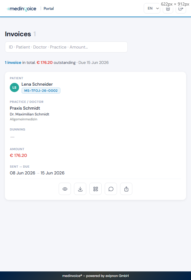 Medinvoice® Patientenportal – Rechnungsansicht für Privatpatienten auf dem Smartphone